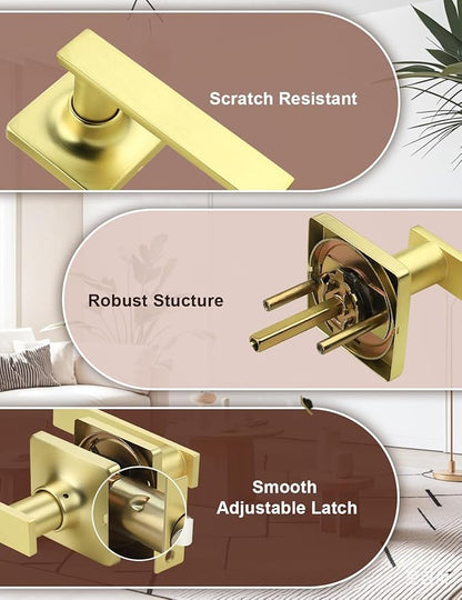 Mengico 4 Pack Passage Door Levers Gold Finish, No-Locking Keyless Square Door Knob, Interior Door Handles for Closet and Hallway, Reversible for Left & Right Handed