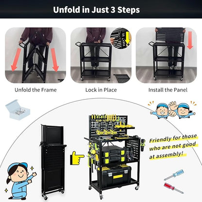 Lumizone Rolling Tool Cart with Wheels and Pegboard Hooks Folding Utility Service Cart for Garage Organizer Storage Foldable Power Tool Organization on Wheels Heavy Duty Frame (Tool Cart+Hooks)