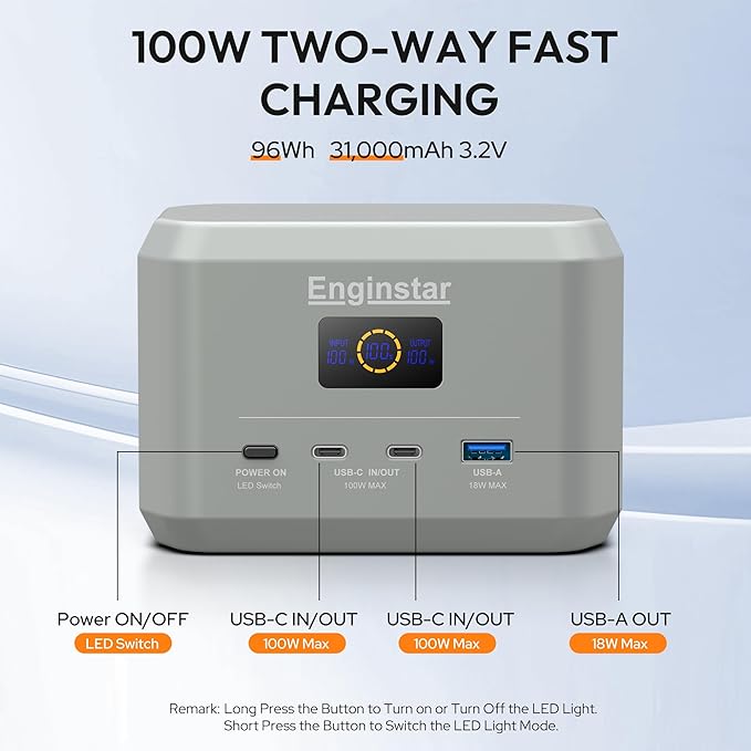 Enginstar Portable Power Station,Outdoor 99Wh LiFePO4 Battery,Solar Generator 100W Two-Way Fast Charging,Power bank for Camping, Traveling, Party and Emergencies