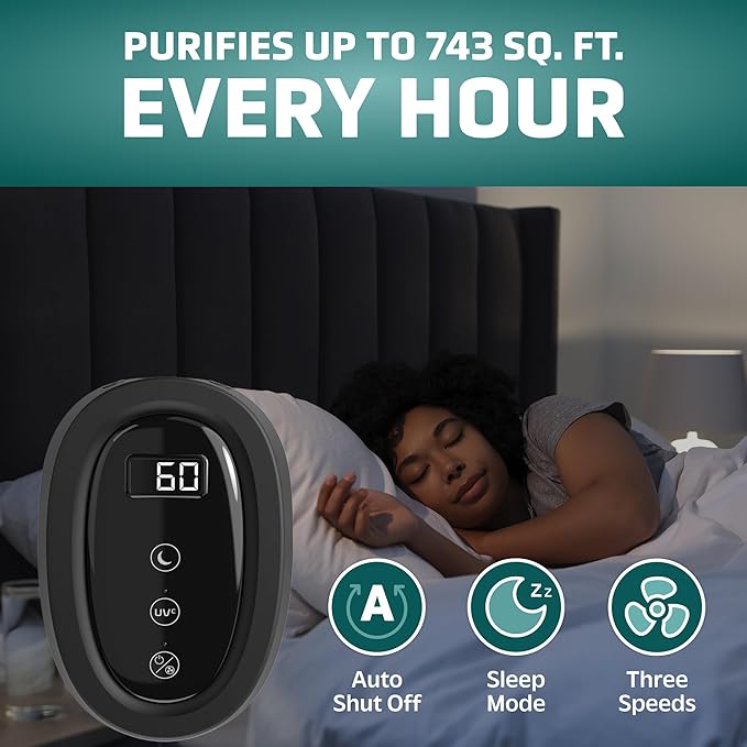GermGuardian HEPA Air Purifier for Home, Large Rooms Up To 743 Sq. Ft. with HEPA PURE Air Filter, Air Quality Monitor & UV-C Light, AC4880B, 22" Tower, Black