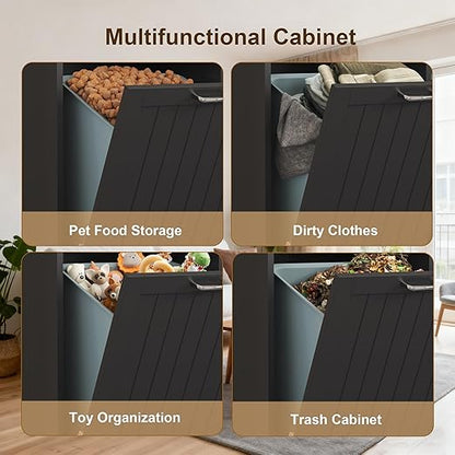 Tilt Out Trash Can Cabinet Dog Proof with Double Wood Hidden Trash Can Holder, Kitchen Free Standing Recycling Cabinet（Black）