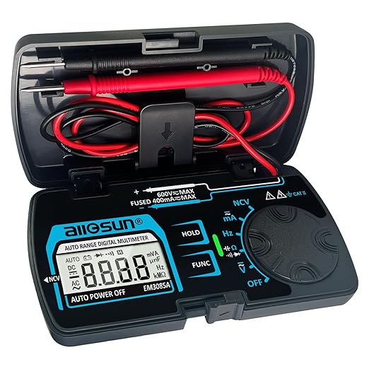 ALLOSUN Digital Multimeter Pocket Size DC AC Voltage Current Tester NCV Ohm Capacitance Frequency Diode and Continuity Test Auto Range (EM3085A (Upgraded))
