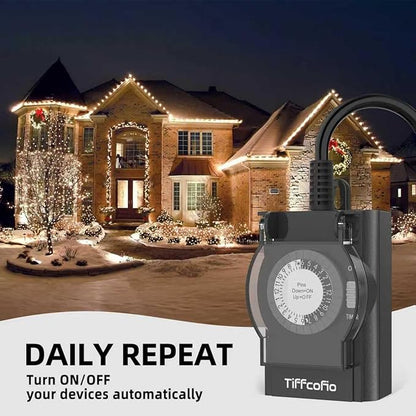 Outdoor Timer Outlet Waterproof, 24 Hour Mechanical Light Timer Outdoor, 2 Grounded Outlets for Home and Garden, 15A 1/2HP, Heavy Duty, ETL Listed (2 Pack)