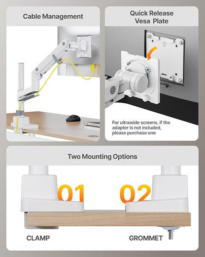 monTEK 17-57 Inch Ultrawide Monitor Arm for Up to 59.4lbs Screens, Aluminum Heavy-Duty Gas Spring Single Curved Screen Adjustable Monitor Stand,75/100mm Vesa Mount, White