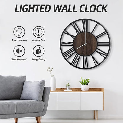 LEIKE Large Wall Clocks with Night Light Battery Operated,Silent Non Ticking,Rustic Modern Big Wood Clock for Living Room, Bedroom,Kitchen,Farmhouse,Office,Home Decor-30 Inch(Roman Numerals)