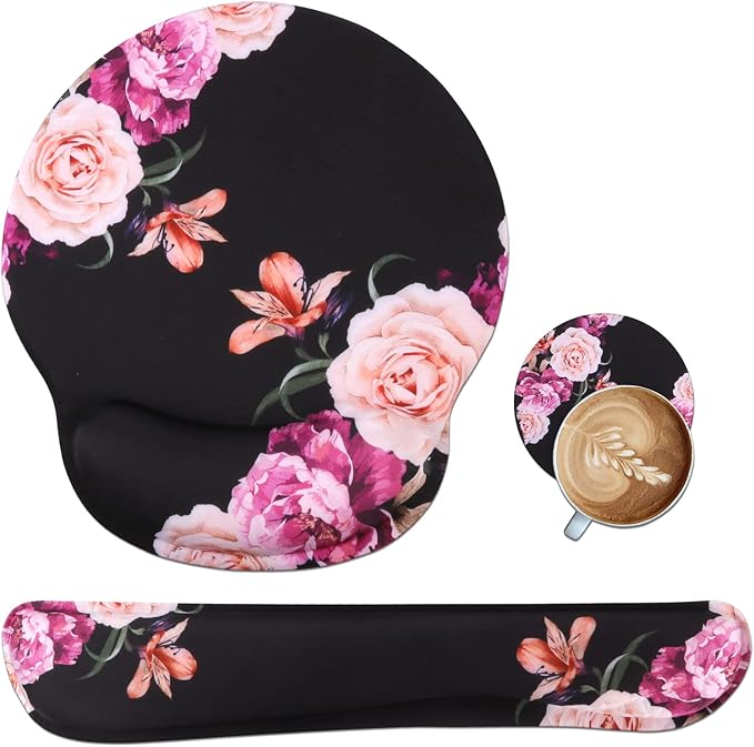 iLeadon Mouse Pad with Wrist Support Keyboard Wrist Rest Set, Ergonomic Mouse Pad with Non-Slip Base for Computer Laptop Home Office + Coasters, Easy Typing & Pain Relief Mouse Mat, Peony Flowers