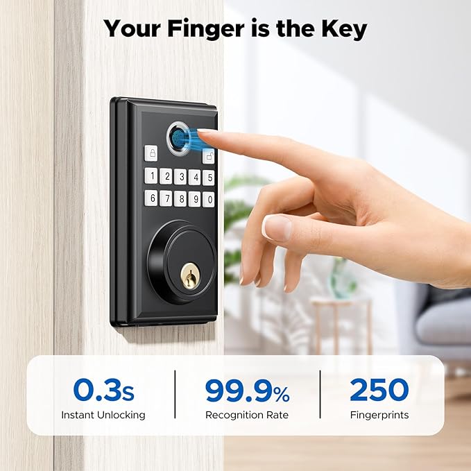 CAMCAMP Keyless Entry Door Lock, Fingerprint Door Lock with APP Remote Control, Smart Lock for Front Door/Bedroom, Easy-to-Install Keypad Deadbolt, Auto-Locking, 4 AA Batteries Include