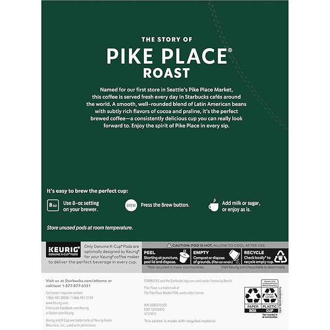 Starbucks K-Cup Coffee Pods, Medium Roast Hot or Iced Coffee, Pike Place Roast, 96 Keurig Pods
