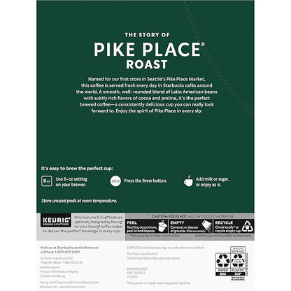 Starbucks K-Cup Coffee Pods, Medium Roast Hot or Iced Coffee, Pike Place Roast, 96 Keurig Pods