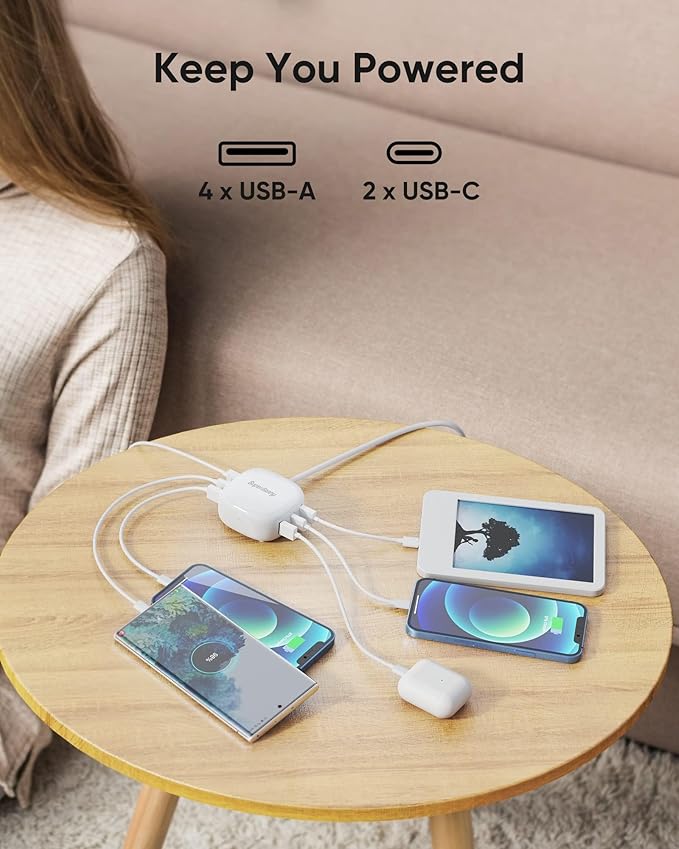 SUPERDANNY 6-Port USB Charger, 40W 8A Mini USB Charging Station, Charging Station for Multiple Devices, 4ft Cable, Compatible with iPhone, iPad, Galaxy, Pixel, for Travel, Cruise, White