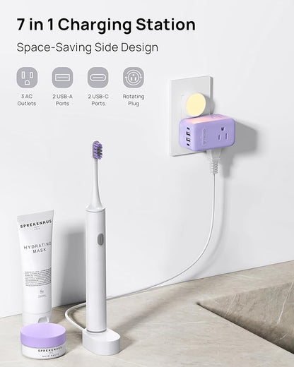 TROND Multi Plug Wall Outlet, 3 AC Outlet Extender with 360 Rotating Plug, Small Wall Adapter with PD 20W USB C, Cute and Durable for Purple Lovers, Goes with All Scenes Purple Vibe