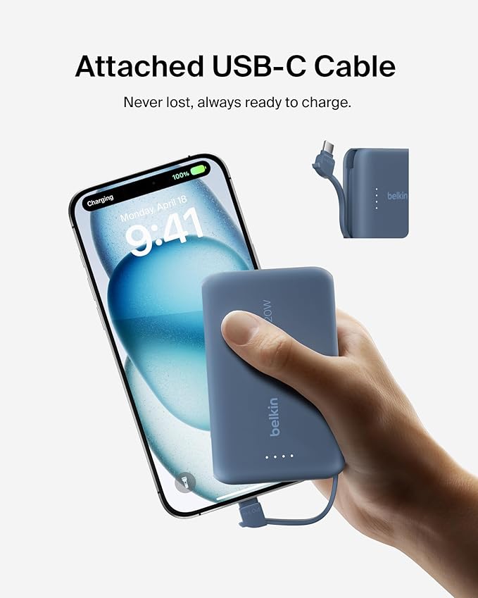 Belkin Portable Charger, Portable Power Bank with Integrated Cable 10000 mAh 20W - Fast Charge USB C Power Delivery - iPhone 17, Air, Pro, Pro Max, iPad, AirPods, Apple Watch, Galaxy S25, etc. - Blue