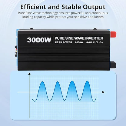 3000W Pure Sine Wave Inverter 1 USB Port 5v/2.4a,LCD Display&Remote Controller for Home, RV, Truck
