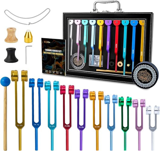 10 PCS Chakra Tuning Fork for Healing, Multi-Color Weighted Tuning Forks, Aluminum Alloy Tuning Forks with Activator & Feet (126.22-432Hz) for DNA Healing, Sound Therapy