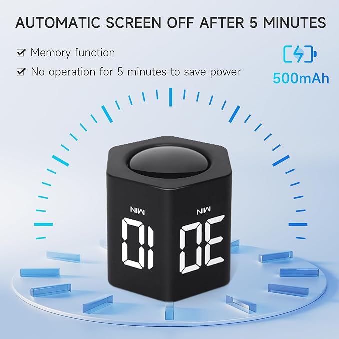 Productivity Timer 1, 5, 10, 30, 60 Minutes Preset, Desk Cube Timer with Gravity Sensor/Mute/Vibration for ADHD, Work, Study, Kitchen, Back to School (1, Black)