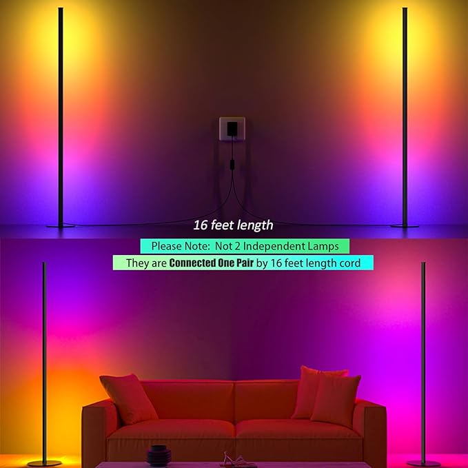 Corner Floor Lamp, RGB IC LED Corner Lamp, 16 Million DIY Color & Warm White, Music Sync and Timing Function, Color Changing Ambient Lights for Living Room, Bedroom, Gaming One Connected Pair