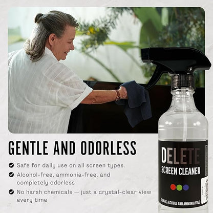 Delete Screen Cleaner Spray Kit, 2 Pack, 16oz and 2oz Bottle and 12"x12" Microfiber Cleaning Cloth, Streak-Free, Safe and Gentle Formula, Multi-Purpose for TVs, Computers, Monitors, Smart Phones