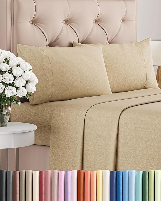 King Size 4 Piece Sheet Set - Comfy Breathable & Cooling Bed Sheets Set - Hotel Luxury Bedding for Women, Men, Kids, Teens, Boys & Girls - Deep Pockets, Soft & Wrinkle Free - Tan (Heathered Sheets)
