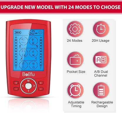 Belifu Dual Channel TENS EMS Unit 24 Modes Muscle Stimulator for Pain Relief Therapy, Electronic Pulse Massager Muscle Massager with 10 Pads, Dust-Proof Drawstring Storage Bag, Fastening Cable Ties