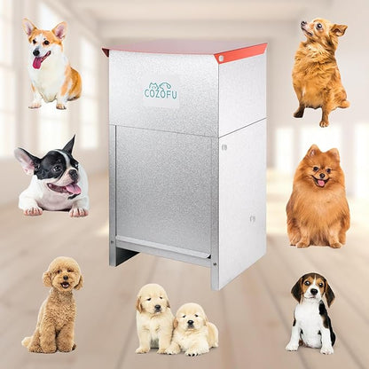 Dog Feeder - Galvanized Metal Pet Food Station for Indoor & Outdoor Use - Automatic Gravity-Fed Dispenser Suitable for Small, Medium, and Large Dog Breeds - Capacity: 50 Pounds of Dry Kibble