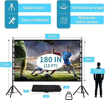 TOWOND Projector Screen and Stand, 180 inch Outdoor Projector Screen 15 FT Large Projection Screen, Portable 16:9 4K HD Rear Front Movie Screen with Carry Bag Wrinkle-Free Design for Backyard Theater