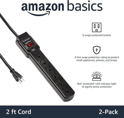 Amazon Basics Surge Protector Power Strip, 6-Outlet with 200J Protection, 2ft Extension Cord, Rectangle, Black (2 Pack)