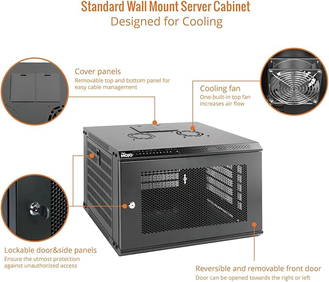 Tecmojo 6U Wall Mount Rack Network Cabinet for 19" IT Equipment,with Lockable Mesh Door and Side Panels,Cooling Fan,450mm Depth (Standard 6U/450mm Deep), Mesh/Black