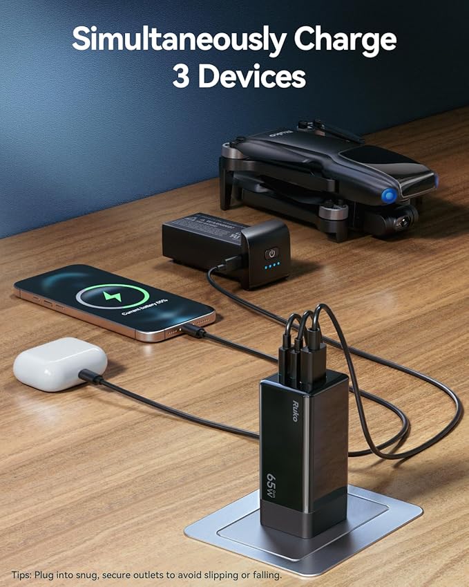Ruko PD65W USB C Charger, 3-Port GaN Fast Charger Block, Compact Foldable Wall Charger for iPhone 17/16, MacBook Pro/Air, Galaxy S24, Pixel, Drone, Switch and More, Black