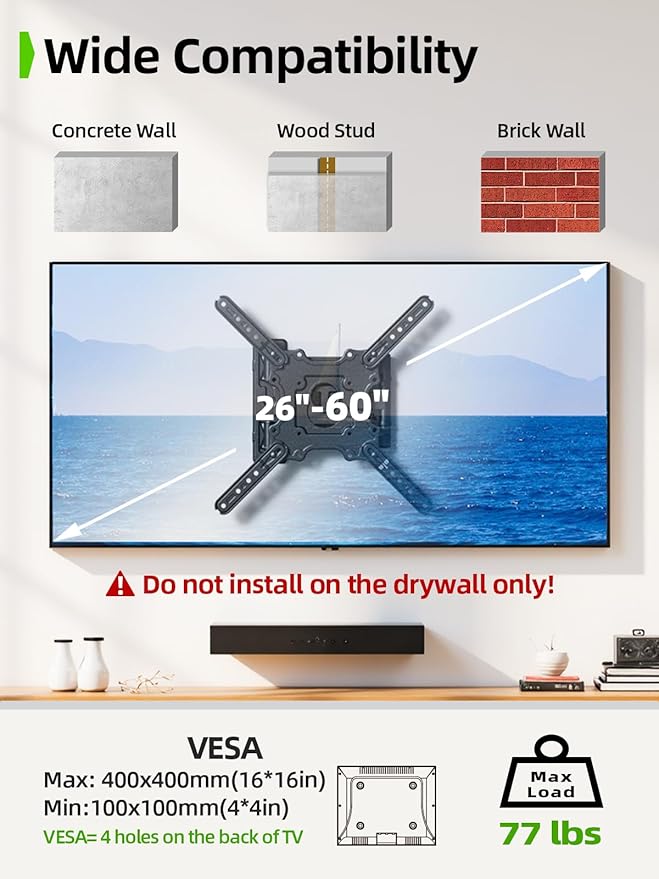 USX MOUNT Full Motion TV Wall Mount for 26-60 inch up to 77 lbs, Single Stud Corner TV Mount Bracket with Swivel Tilt Articulating, Monitor Wall Bracket Fit Max VESA 400x400mm