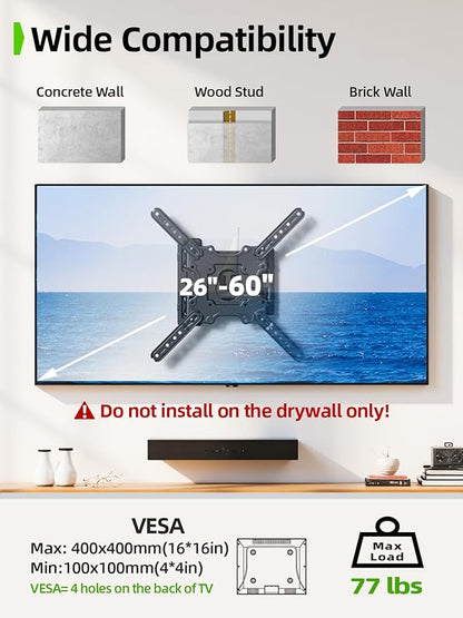 USX MOUNT Full Motion TV Wall Mount for 26-60 inch up to 77 lbs, Single Stud Corner TV Mount Bracket with Swivel Tilt Articulating, Monitor Wall Bracket Fit Max VESA 400x400mm