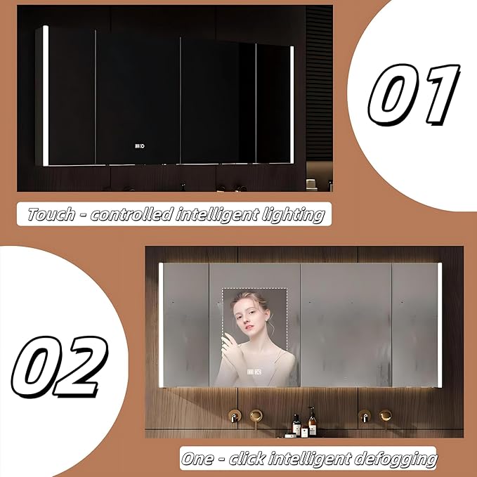 Fashionable Bathroom Vanity with Sink, Smart One-Click Defogging & LED Light, Bathroom Sink and Cabinet with Wave Striped Panel, Rockslab Countertop (Mirror Cabinet, 56IN)
