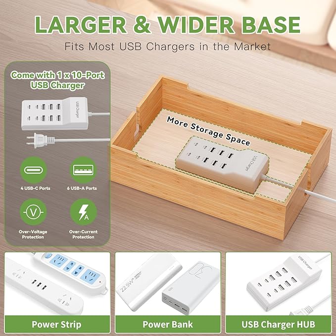 Pezin & Hulin Bamboo Charging Station for Multiple Devices, USB Charger Dock Organizer, with Power Supply (10 Ports HUB), 6 Cables, Cable Management Organizer for Cell Phones, Tablets -Natural Color