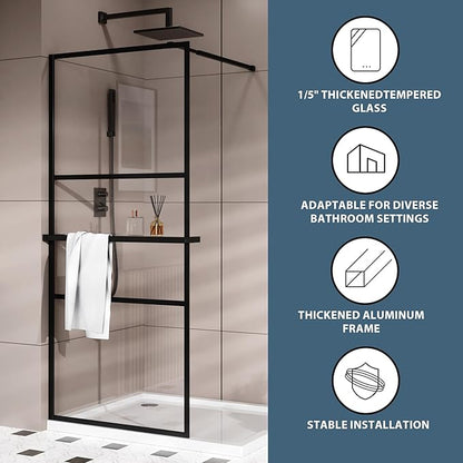 Goodyo 34" x 72" Shower Door Tempered Glass Shower Screen with Tool Bar Towel Rack for Walk in Bathroom 3-Grid Style