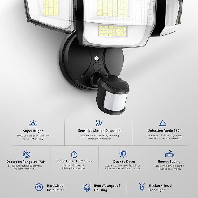 Onforu 90W 10000LM LED Motion Sensor Outdoor Lights, 4-Head Dusk to Dawn Outdoor Lighting, Hardwired Flood Lights, IP66 Waterproof 6500K Security Floodlight for Outside (Black)