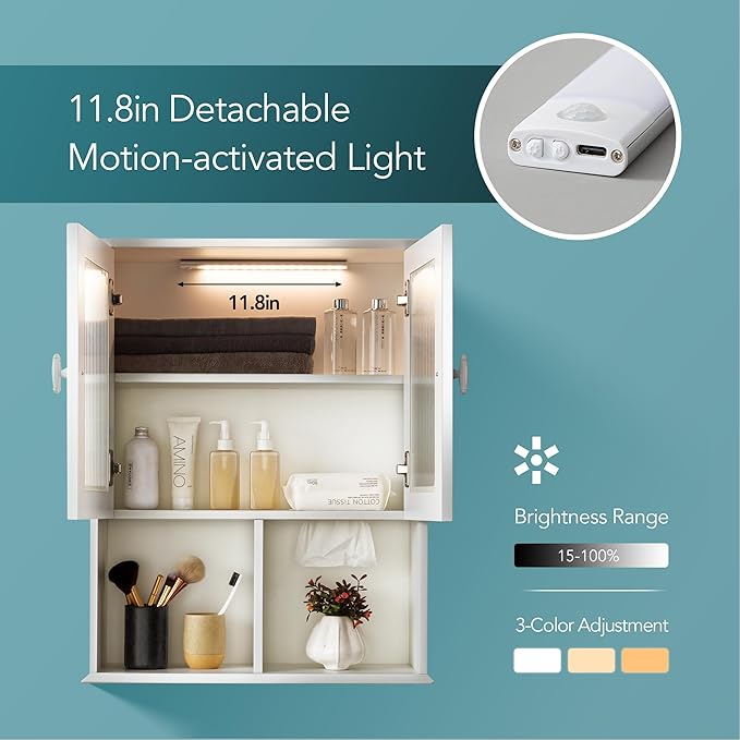 Bathroom Wall Cabinet with Lighting & Tissue Hole, Wall Mounted Glass Door Medicine Cabinet Over Toilet Storage for Laundry Room Kitchen