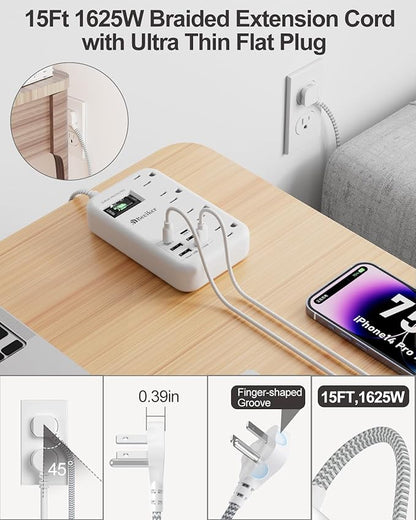 6 USB(2 USB C) Surge Protector Power Strip- 15 Ft Extension Cord with 6 USB Charging Station and 4 Outlets, Flat Plug Long Braided Extension Cord with Multiple Outlets Wall Mount for Home Office Dorm