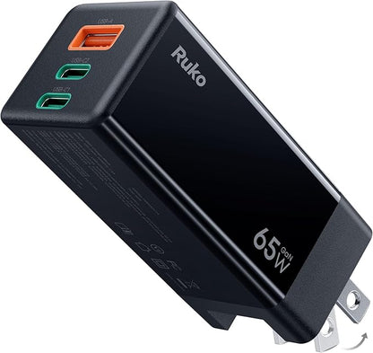 Ruko PD65W USB C Charger, 3-Port GaN Fast Charger Block, Compact Foldable Wall Charger for iPhone 17/16, MacBook Pro/Air, Galaxy S24, Pixel, Drone, Switch and More, Black