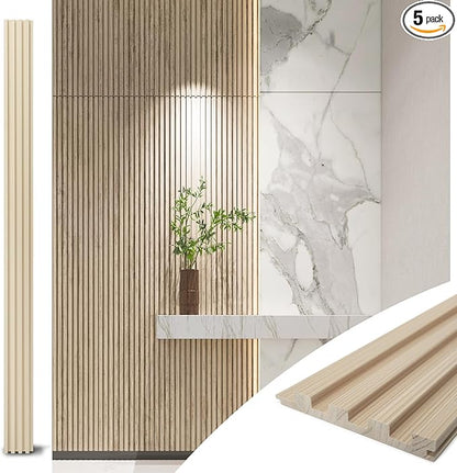 Art3d Slat Wood Wall Paneling for Interior and Ceiling Decoration - Pack of 4pcs + 1pc End-Trim, Size 108 x 5.7in.- Ashtree