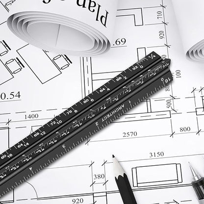 12" Architectural Scale Ruler Aluminum Architect Scale Triangular Scale Ruler for Architects, Draftsman, Students and Engineers, Black