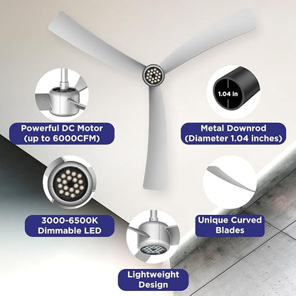 ocioc Ceiling Fans with Lights,52 Inch Low Profile Ceiling Fan with Remote,Quiet Reversible DC Motor,Dimmable LED,6 Speeds,Modern Ceiling Fan for Bedroom,Living Room(Silver)