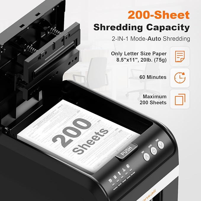 Bonsaii Paper Shredder Heavy Duty, 200-Sheet Auto Feed Micro-Cut 60 Minutes Nonstop P-4 High Security Shredders, 8.1 Gallon Large Bin Document Shredder for Office, Commercial Grade Shredder (C283-A)
