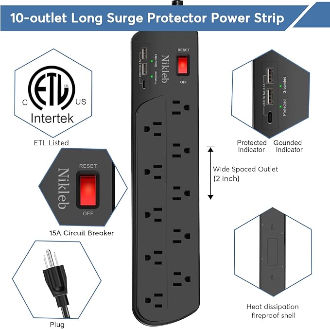 Extension Cord with Multiple Outlets, Surge Protector Power Strip with USB, 6ft Power Cord, 10 Wide Outlets, 2 USB+1 USB C Fast Charging Ports, Wall Mount, Heavy Duty, Home, Office Accessories