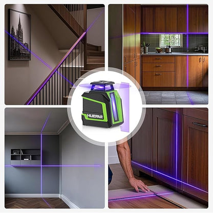 360° Laser Level, HUEPAR 82-165Ft 3 Brightness Levels Self Leveling Laser Level with Pulse Mode, Purple High Penetration Laser Rechargeable Li-ion Battery Lazer Leveler Tool for Indoor DIY Project