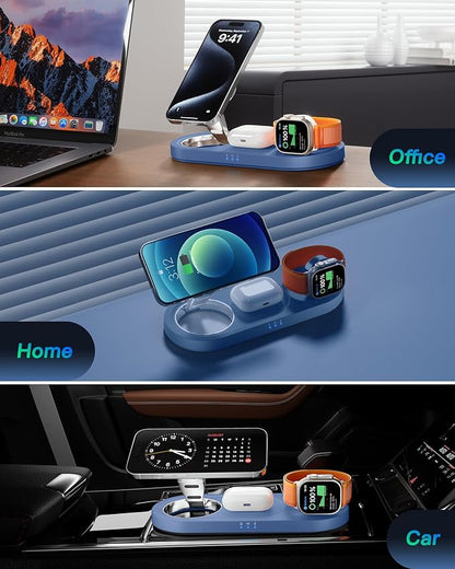 Upgraded 3 in 1 Wireless Charging Station for Apple Devices, Faster Mag-Safe Charger Stand, Magnetic Charger Station for iPhone 17/16/15/14/13/12 & AirPods Pro & Apple Watch Series (Sapphire Blue)