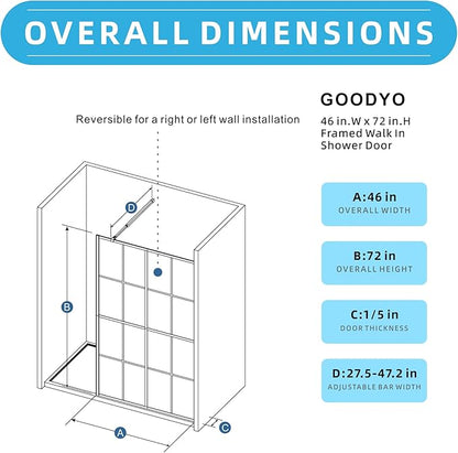 Goodyo 46" x 72" Shower Glass Door Tempered Glass Shower Screen with Towel Rack Tool Bar for Walk in Bathroom, 16-Grid Modern Desigh, Matte Black Finish