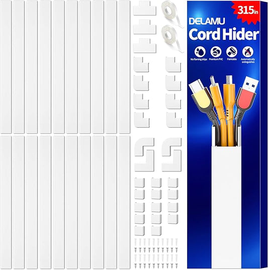 Delamu TV Cord Hider, 315in Wire Covers for 3-4 Cords on Wall, Large Cable Hider Cord Covers for Wires, Cable Management Wire Hiders for TV for Wall, L15.7X W1.18x H0.6in, White