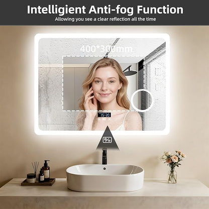 LUVODI LED Bathroom Mirror Rectangle: 32x24 inch Lighted Makeup Vanity with Bluetooth Speaker, Time Display, Magnifier, Anti-Fog, Memory Function, 3 Color Temperature