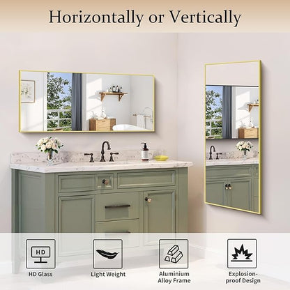 Gold Bathroom Mirror for Wall, 20x48 Inch Rectangle Mirror with Metal Frame, Modern Vanity Mirrors for Bathroom Living Room, Entryway Hangs Horizontal or Vertical