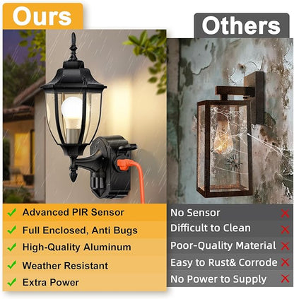 2 Pack Porch Lights Outdoor with Outlet, Motion Sensor Outdoor Wall Lights, Updated Dusk to Dawn Exterior Lighting Fixtures Waterproof Anti-Rust Aluminum Outside for House Entryway Garage, Black