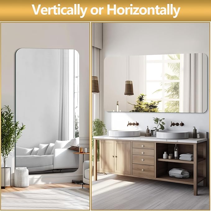 Mirrorons 72 x 36 Frameless Bathroom Mirror, Rounded Corner Bathroom Vanity Mirror, Modern Wall Mounted Vanity Mirror for Living Room, Bedroom, Entryway (Horizontal/Vertical)